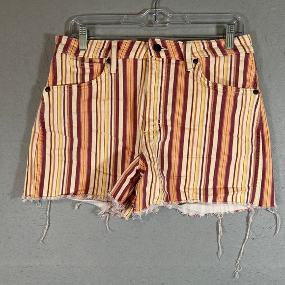 Wrangler Pants - Wrangler Size 30 Striped Denim Cutoff Shorts Burgundy Orange Yellow Raw Hem